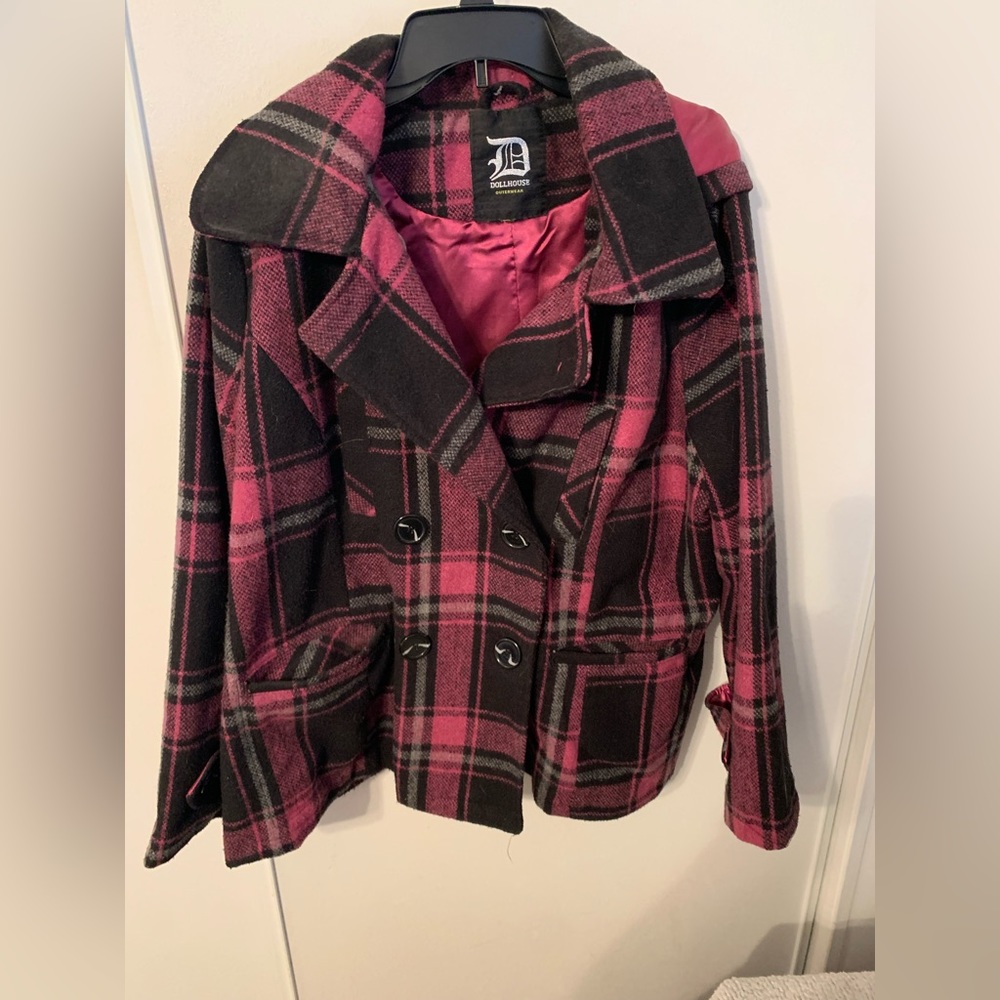 Pink and black plaid Dollhouse pea coat, size XL